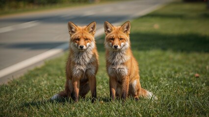 Fototapeta premium Two red foxes resting on green grass close to a pavement