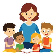 Teacher reading a book to a group of happy children