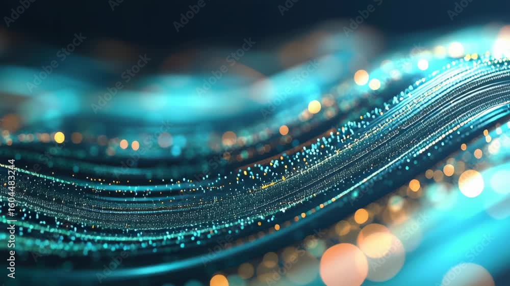 Poster engaging visuals of shimmering particles dancing through ethereal waves in a calming underwater envi