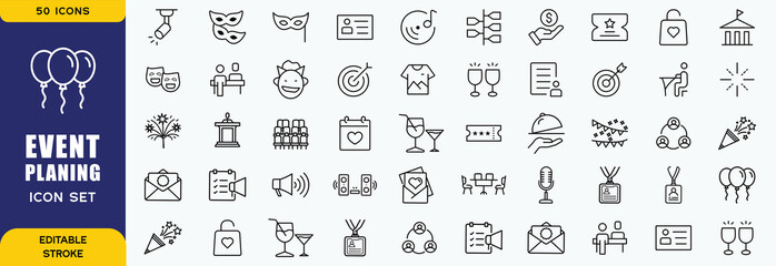 Event planning icon set. Containing decorations, venue, event planner, registration, entertainment, catering and invitations symbol. Solid icons collection. Vector illustration
