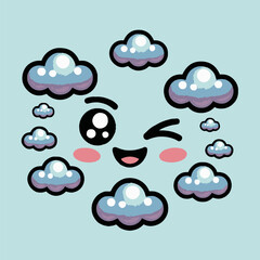 Cartoon cloud face winking surrounded by smaller clouds on a light blue background vector image