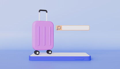 Suitcase with search bar on smartphone, Tourism and travel plan to trip concept