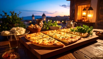Pizza slices on a wooden board at sunset