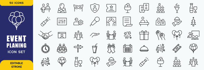 Set of 50 outline icons related to event planning, organisation. Linear icon collection. Editable stroke. Vector illustration