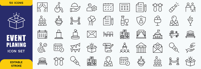 Set of 50 outline icons related to event planning, organisation. Linear icon collection. Editable stroke. Vector illustration