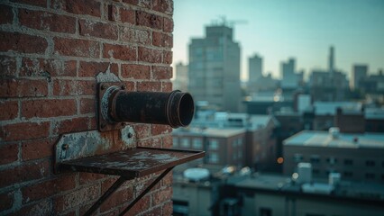 Sunlight illuminates a small pipe chimney extending above a red brick wall, with a metal rack in front.