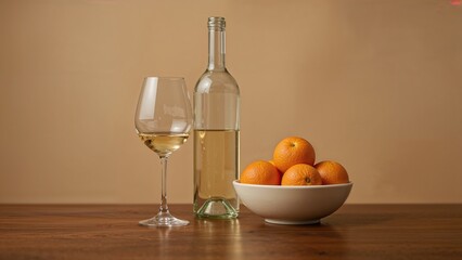 Close-up of a table with two empty glasses, a bottle of white wine, and a bowl filled with oranges