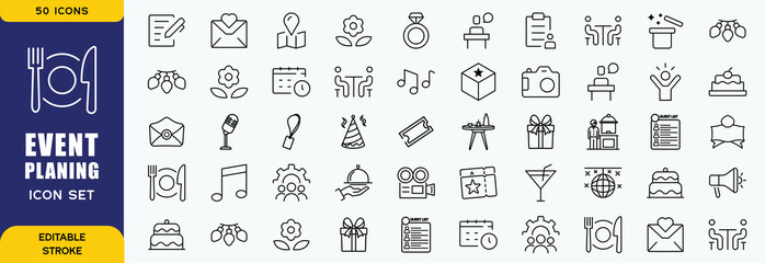 Set of 50 outline icons related to event planning, organisation. Linear icon collection. Editable stroke. Vector illustration