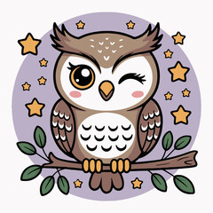 Cartoon owl perched on a branch with stars around it on a light purple background in a cute style