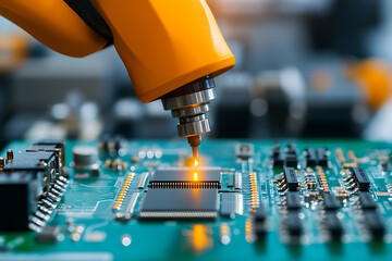 Automated Precision: A robotic arm delicately interacts with the intricate circuitry of a printed circuit board, highlighting the fusion of technology and engineering.