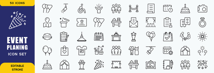 Set of 50 outline icons related to event planning, organisation. Linear icon collection. Editable stroke. Vector illustration
