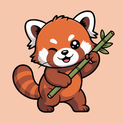 Cartoon red panda winking and holding a bamboo stalk on a light orange background in digital illustration