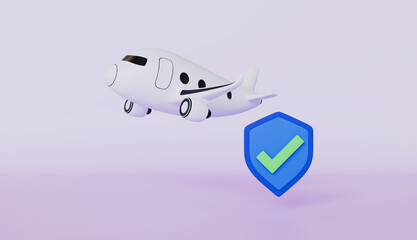 Flight plane travel tourism trip with insurance policy with shield protection on holiday summer