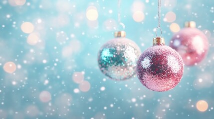 Colorful Christmas ornaments hanging amidst falling snowflakes