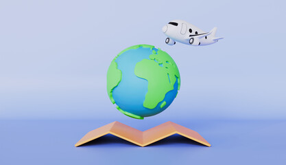 Globe pin map with flight plane travel tourism trip planning world tour with pin location on holiday summer concept