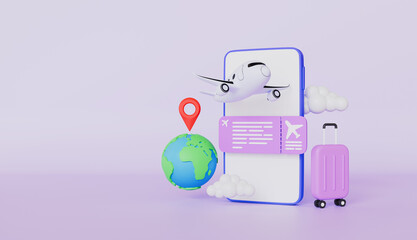 Mobile phone with airplane ticket boarding pass, Suitcase, Globe, Travel online booking concept