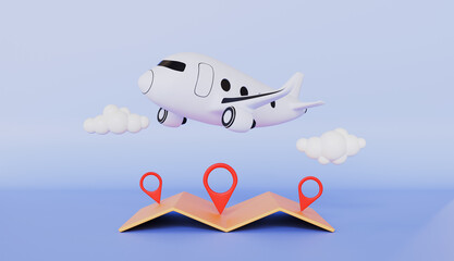 Pin map with flight plane travel tourism trip planning, plane trip planning world tour with pin location