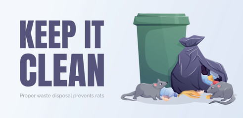 Keep it clean banner, cartoon vector illustration of green trash bin, garbage bag, scattered waste and rats, isolated horizontal design for sanitation, waste management and hygiene campaigns