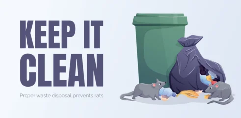 Keep it clean banner, cartoon vector illustration of green trash bin, garbage bag, scattered waste and rats, isolated horizontal design for sanitation, waste management and hygiene campaigns © Ekaterina