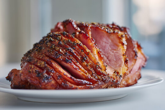 Close-up of spiral sliced glazed ham with caramelized crust on plate