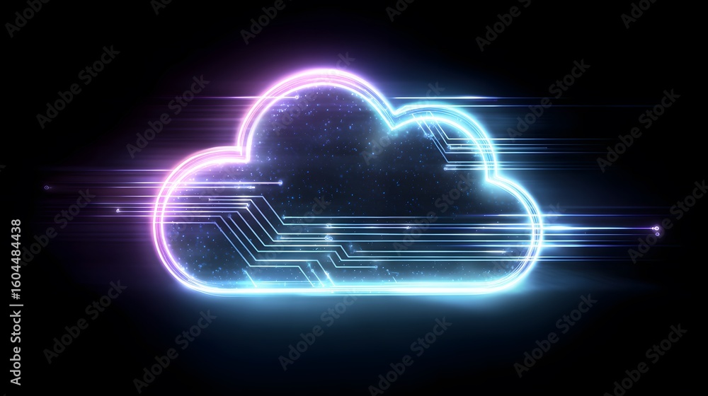 Poster glowing neon cloud with digital circuit patterns