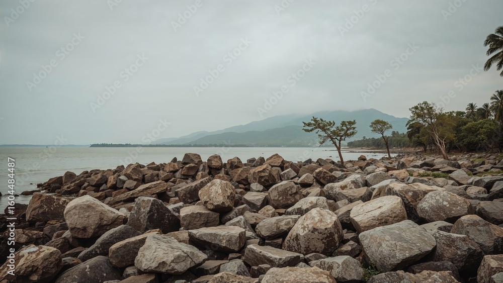 Poster broad outdoor setting with stone-covered beach and tree clusters in front of hills under overcast co