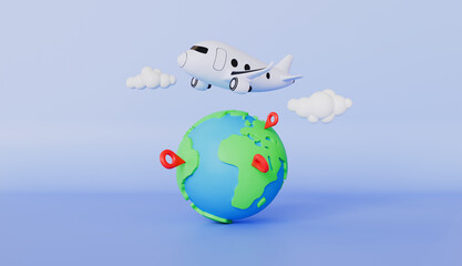 Globe pin map with flight plane travel tourism trip planning world tour with pin location on holiday summer concept