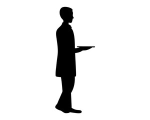 Waiter silhouette holding a tray viewed from the side in formal attire