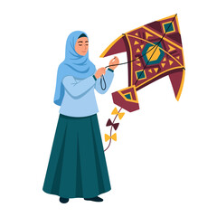 Obraz premium Woman Holding Colorful Kite with Geometric Pattern Ready for Flight