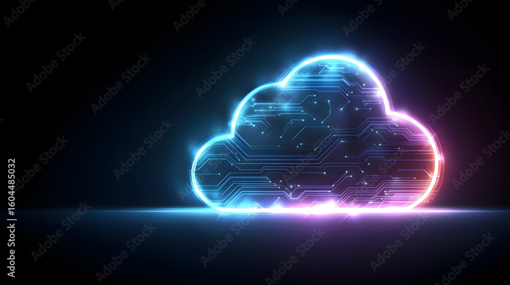 Poster neon cloud with circuit board pattern on dark background