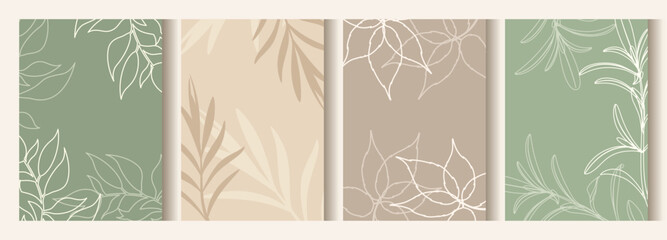 Set of abstract backgrounds with twigs. Poster or cover in soft, warm colors. Vector for flyers, postcards, design, social media.
