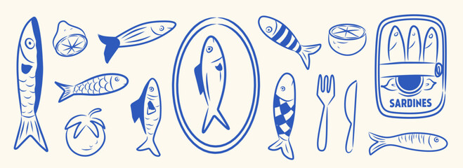 Summer. Italy. Amalfi. Vector illustration of lemons, canned sardines for stamps, Italian Mediterranean tiles, cherry tomatoes, oranges, fish, plate, lemon icons outline doodle in ink line art style.