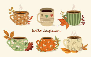 A set of cozy autumn mugs. Hello autumn. Hot drinks. Vector illustration.
