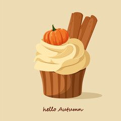 Autumn pumpkin and cinnamon cupcake. Sweetness. Vector.