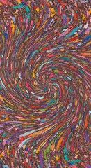 A swirling abstract design with vibrant colors and textured patterns.