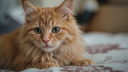 Tender look in the emerald eyes of a tiny feline. A charming shot of a ginger cat. Utterly cute close-up of a fluffy red and orange coat. Big paws and curious gaze of a short-haired cat.