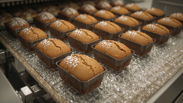 Industrial production of pastries and baked goods on a mechanized assembly line
