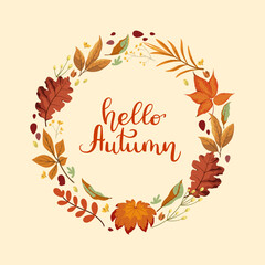 Hello autumn. Autumn wreath of leaves, twigs, and berries. Decorative element. Vector.