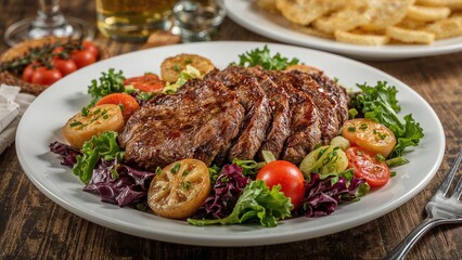 A vibrant plate of roasted meat salad paired with various vegetables, close shot