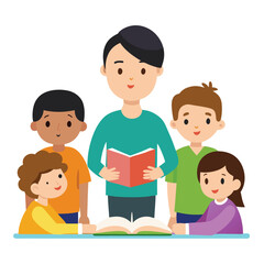 Teacher reading a book to a group of happy children
