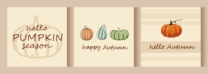 Set of autumn backgrounds with pumpkins. Poster or cover in soft colors. Vector for flyers, postcards, design, social media, and advertising.
