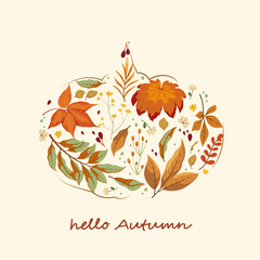 A pumpkin made of autumn twigs and leaves. Hello autumn. Vector illustration.