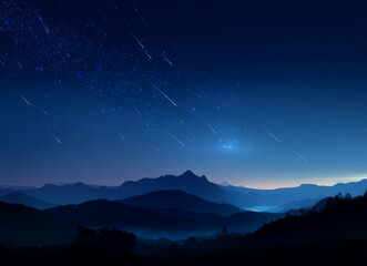 Meteor shower streaks across deep blue night sky over mountains. Nature backdrop for web, design, or marketing.