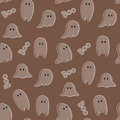 Seamless pattern with cute ghosts on a dark background. Halloween. Vector.
