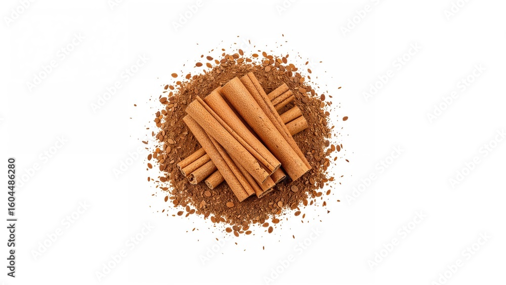 Poster flat lay of cinnamon sticks grouped on a white surface. commonly used spice in baking and cooking. i