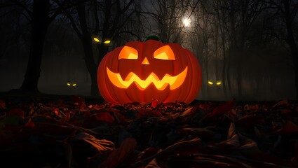 Glowing jack o lantern in spooky forest with glowing eyes halloween pumpkin