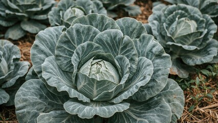 Obraz premium Detailed view of a cabbage plantation in a countryside area during winter.