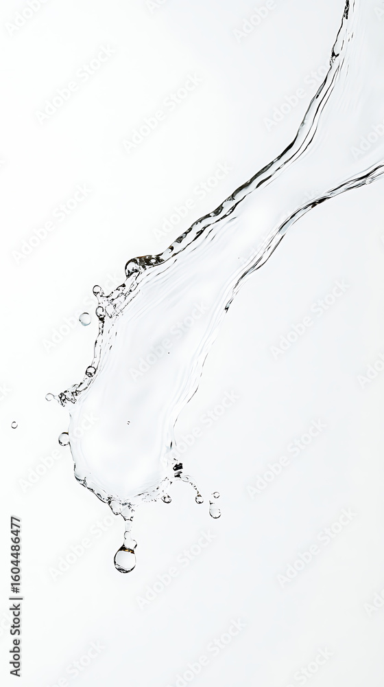 Poster dynamic water shot: abstract stream and splash against a clean white backdrop capturing motion & pur