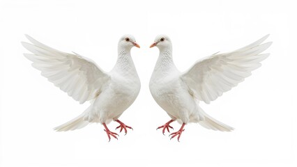 Obraz premium Two unbound doves in flight set on a plain white canvas