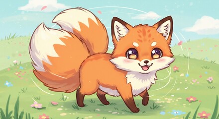 輝く草原を歩く九尾の狐 愛らしい瞳とふわふわ尻尾. AI Generated